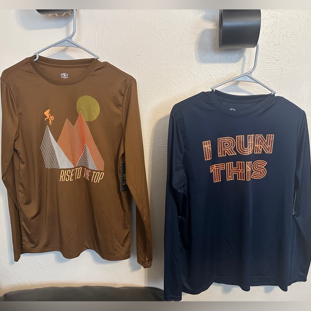 NWT Boys Athletic Works Brown and Navy Long Sleeve Tees 2 pc Set size XL 14-16